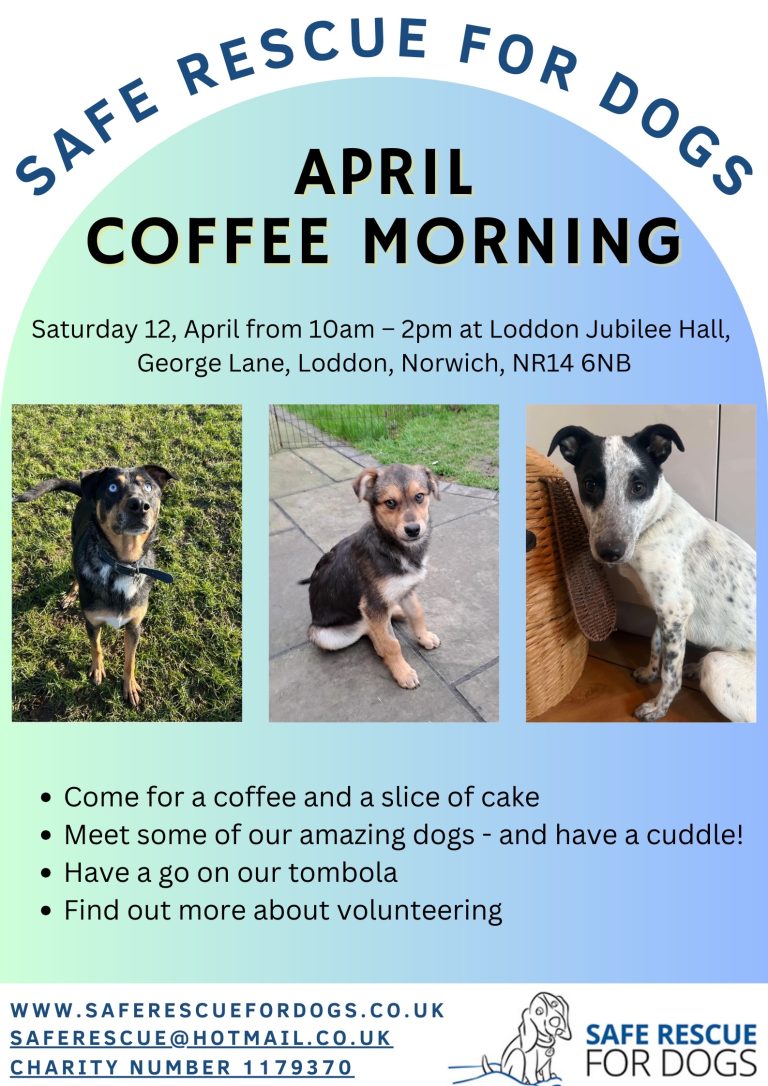 APRIL COFFEE MORNING Saturday 12, April from 10am - 2pm at Loddon Jubilee Hall, George Lane, Loddon, Norwich, NR14 6NB